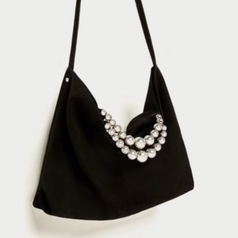 Zara Black Suede Runway Beaded handle bag NWT